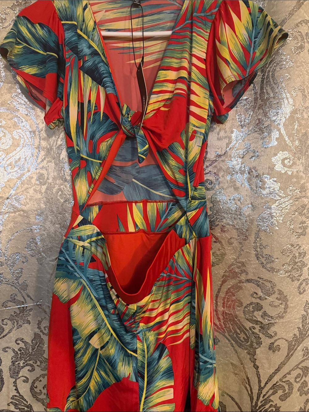 Fashion Nova Red Tropical Leaf Midi Dress with Blue & Yellow Accents